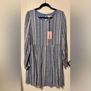 Andree Blue Striped Floral Tiered Long-Sleeve Dress - NWT